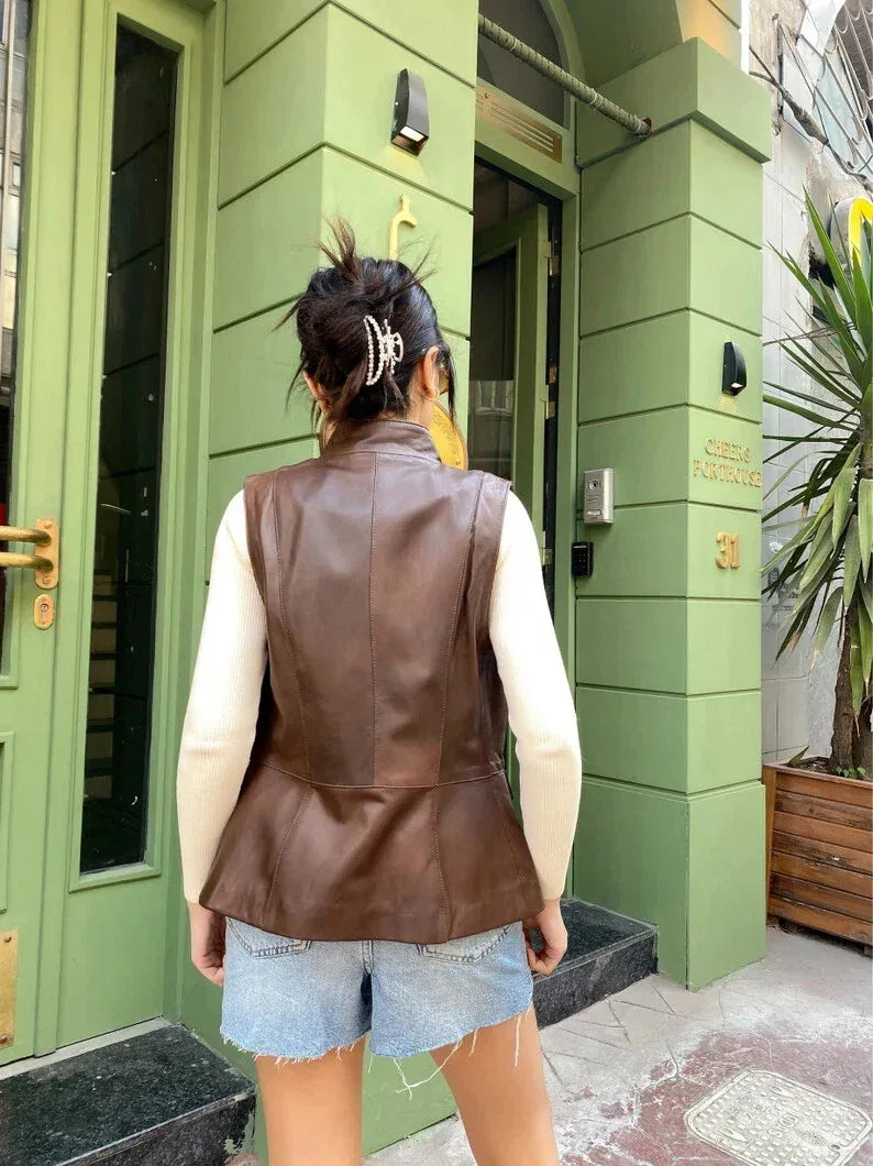 Brown Original Leather Utility Vest Coat for Women - Premium Full-Grain Vest Coat with Pockets