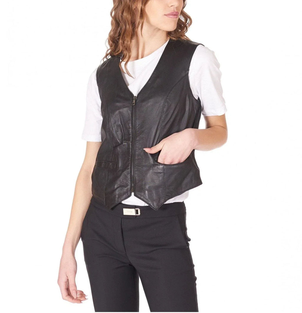 Black Original Leather Vest Coat for Women - Premium Full-Grain Zip Vest with Pockets