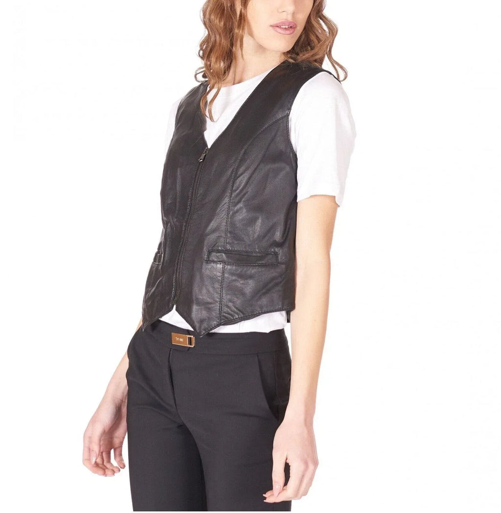 Black Original Leather Vest Coat for Women - Premium Full-Grain Zip Vest with Pockets