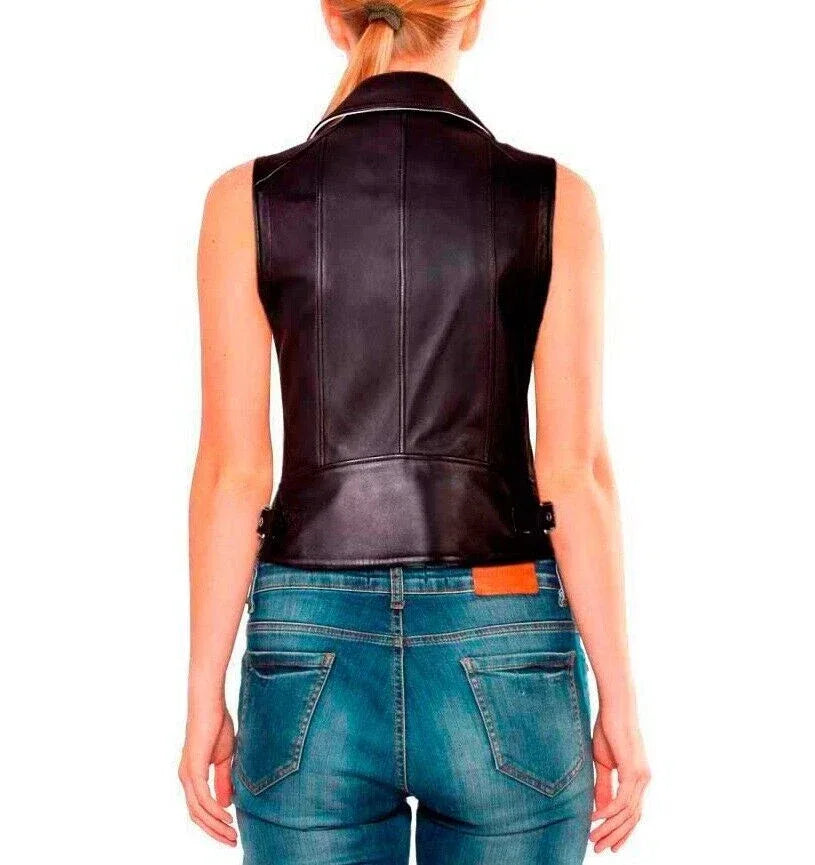 Women's Black & White Original Leather Vest - Premium Sleeveless Moto Jacket