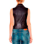 Women's Black & White Original Leather Vest - Premium Sleeveless Moto Jacket