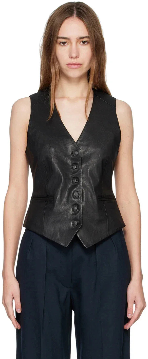 Women's Black Original Leather Tailored Vest - Premium Button-Front Waistcoat
