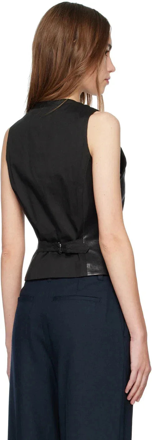 Women's Black Original Leather Tailored Vest - Premium Button-Front Waistcoat