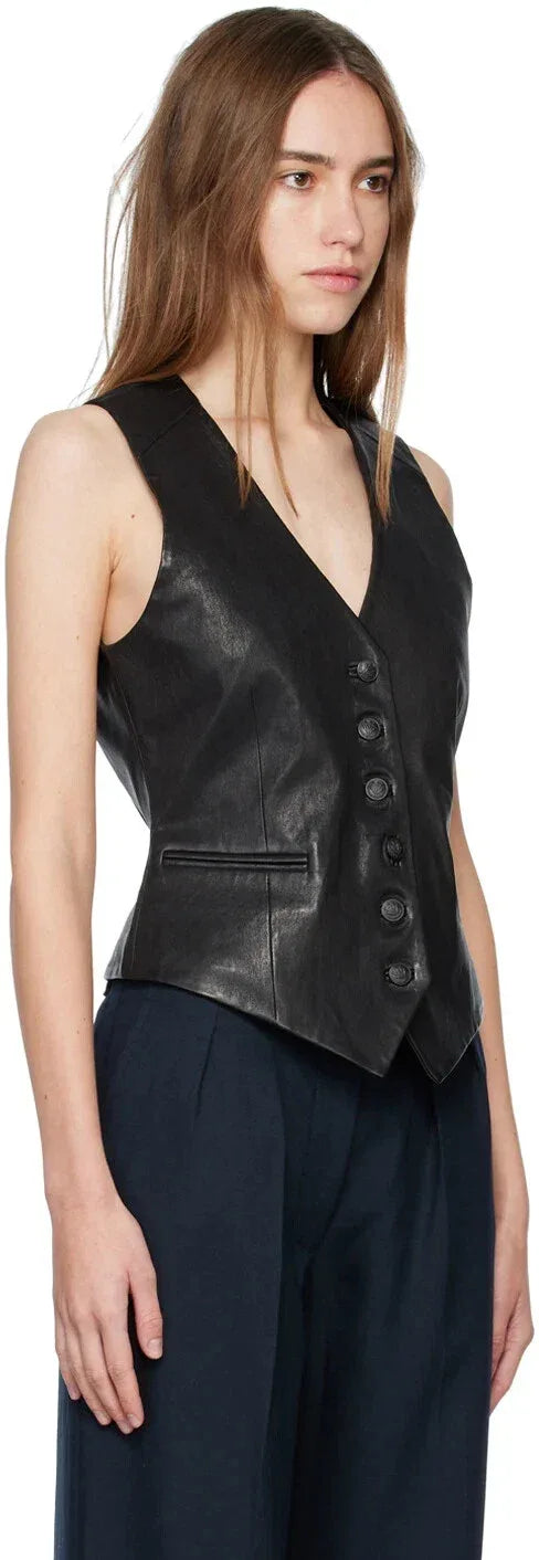 Women's Black Original Leather Tailored Vest - Premium Button-Front Waistcoat
