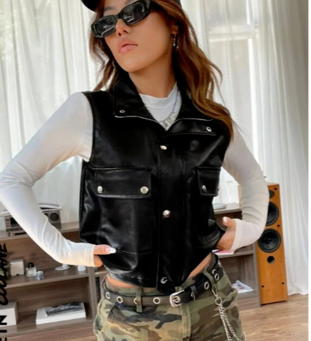 Women's Original Black Leather Utility Vest - Premium Multi-Pocket Moto Jacket
