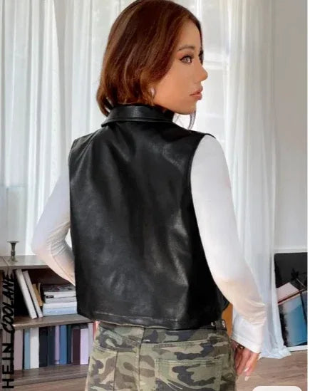 Women's Original Black Leather Utility Vest - Premium Multi-Pocket Moto Jacket