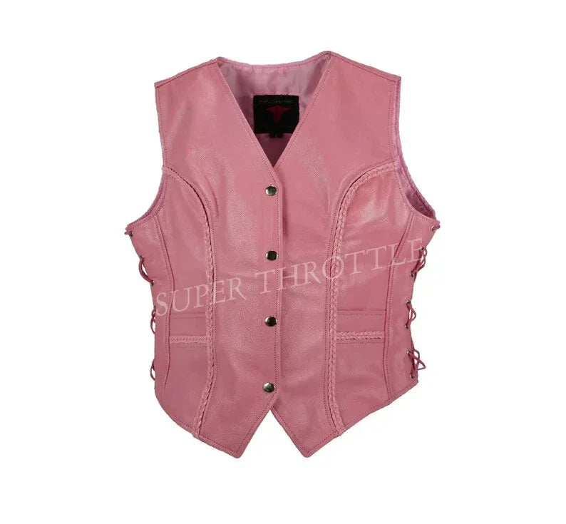 Women's Pink Original Leather Vest - Premium Button-Front Moto Waistcoat