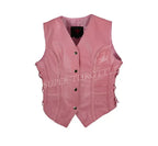 Women's Pink Original Leather Vest - Premium Button-Front Moto Waistcoat