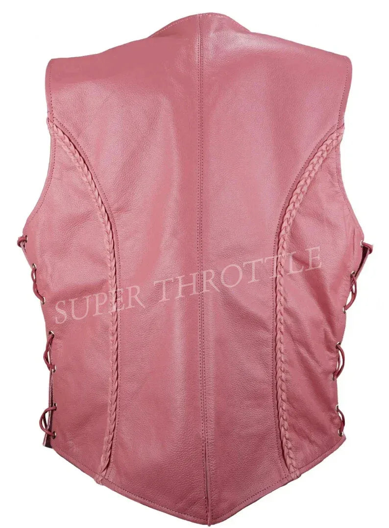 Women's Pink Original Leather Vest - Premium Button-Front Moto Waistcoat