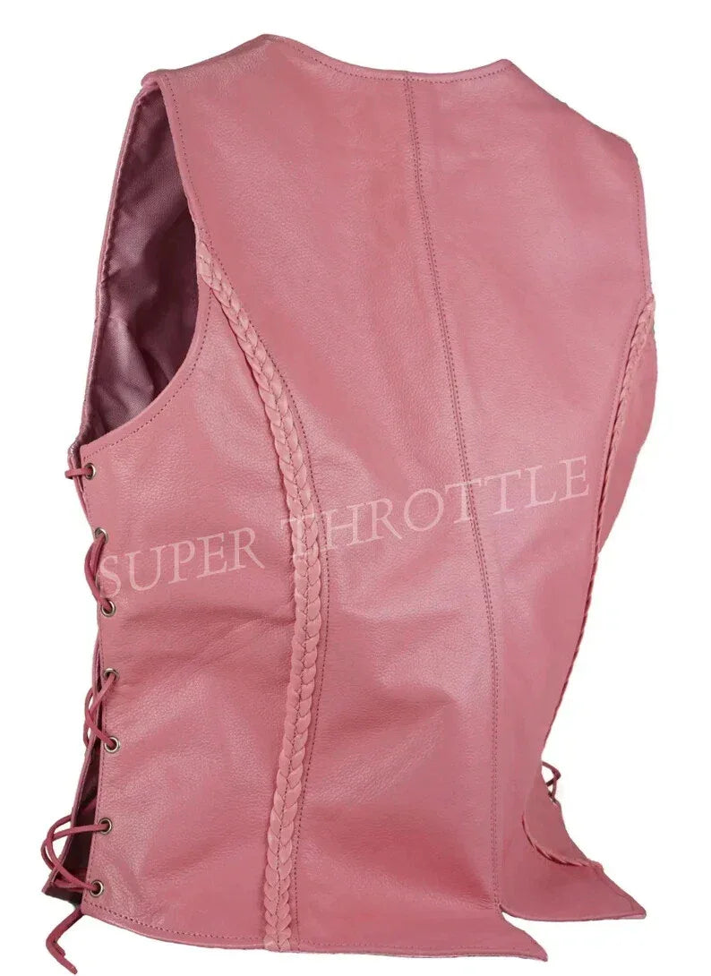Women's Pink Original Leather Vest - Premium Button-Front Moto Waistcoat
