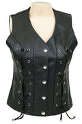 Women's Black Original Leather Lace-Up Vest - Premium Button-Front Corset Waistcoat