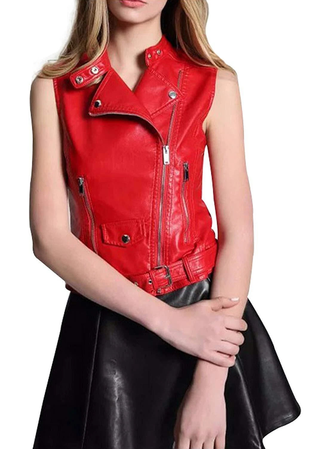 Women's Red Original Leather Moto Vest - Premium Sleeveless Biker Jacket