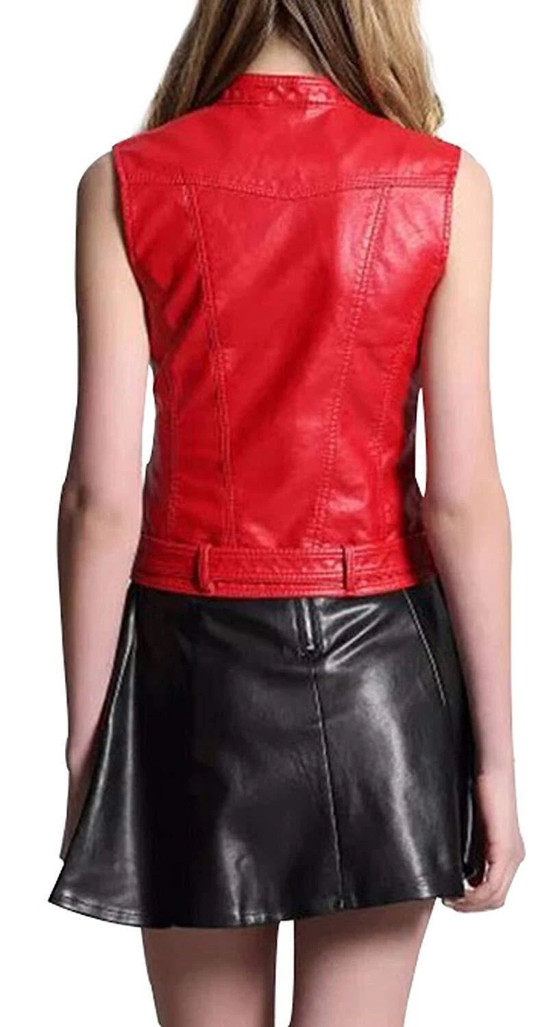 Women's Red Original Leather Moto Vest - Premium Sleeveless Biker Jacket