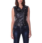 Women's Black Original Leather Sleeveless Moto Jacket - Premium Biker Vest Coat