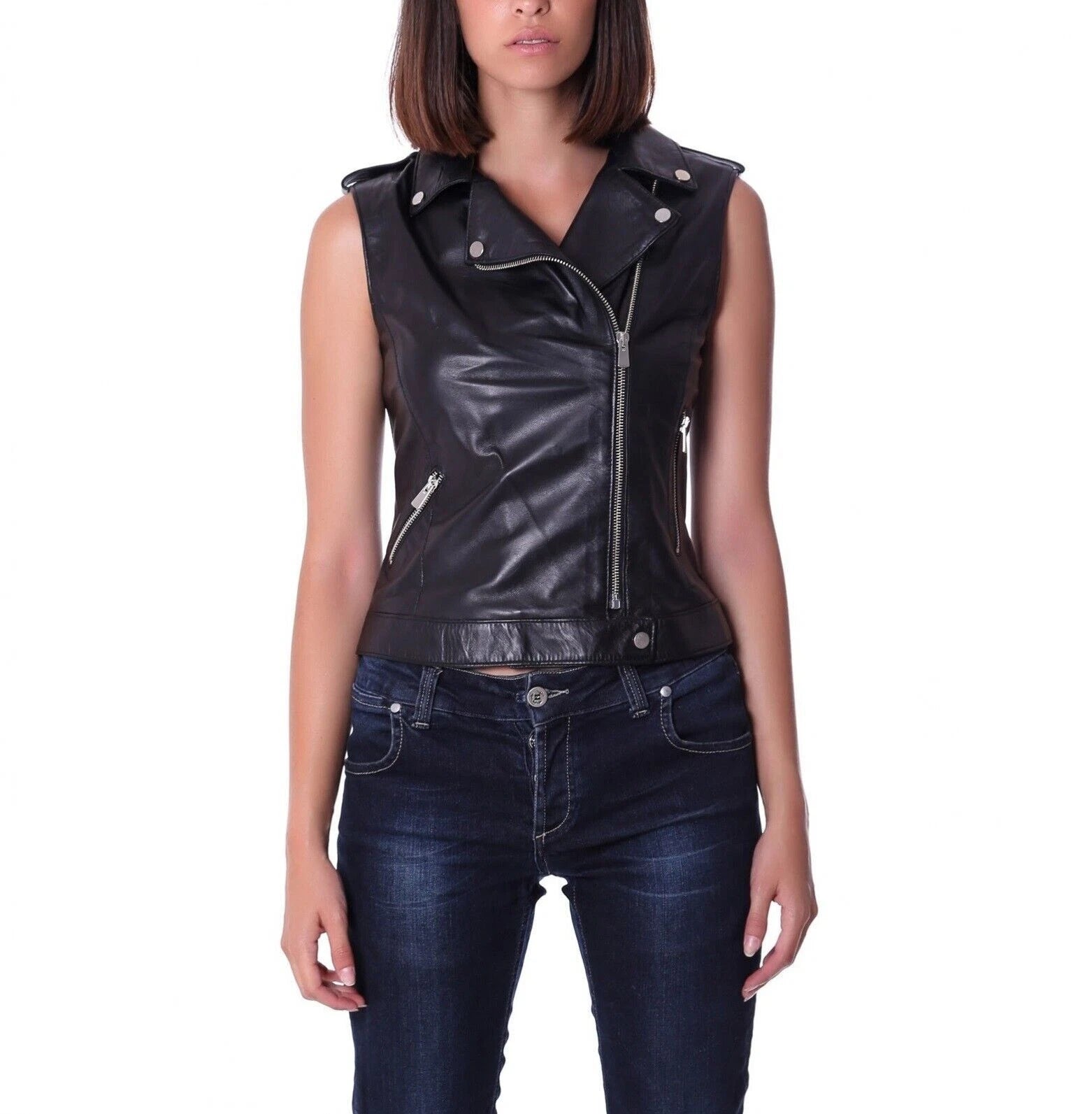 Women's Black Original Leather Sleeveless Moto Jacket - Premium Biker Vest Coat