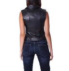 Women's Black Original Leather Sleeveless Moto Jacket - Premium Biker Vest Coat