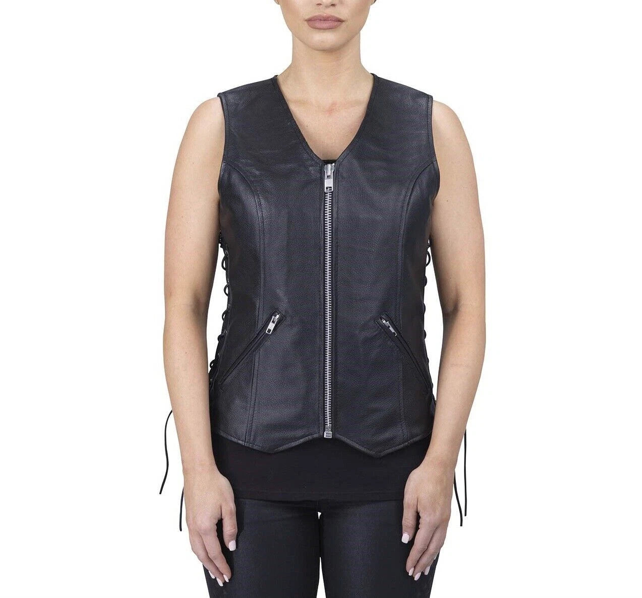 Women's Black Original Textured Leather Vest - Premium Zip-Front Waistcoat
