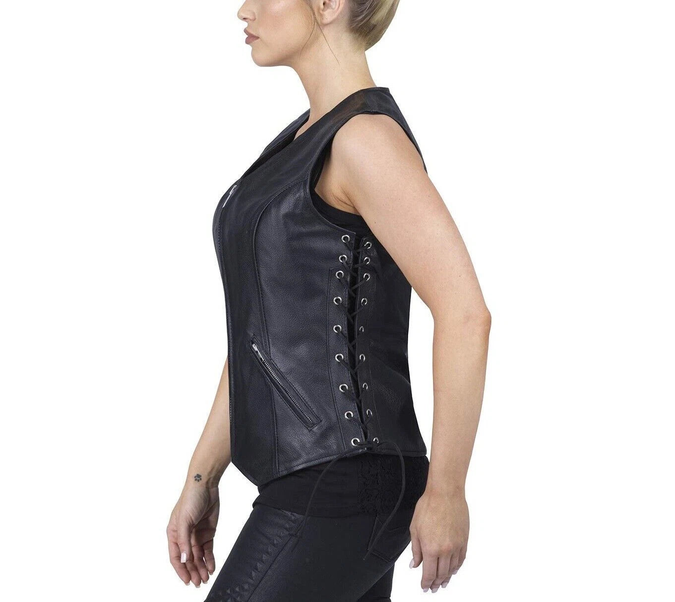 Women's Black Original Textured Leather Vest - Premium Zip-Front Waistcoat