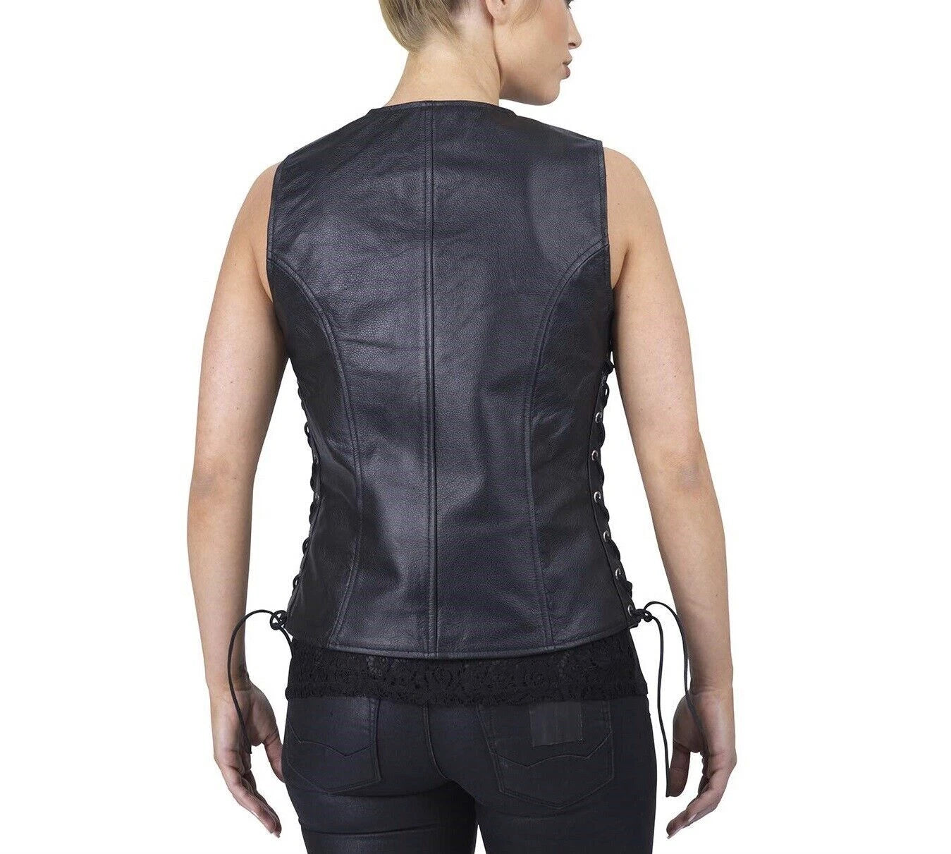 Women's Black Original Textured Leather Vest - Premium Zip-Front Waistcoat