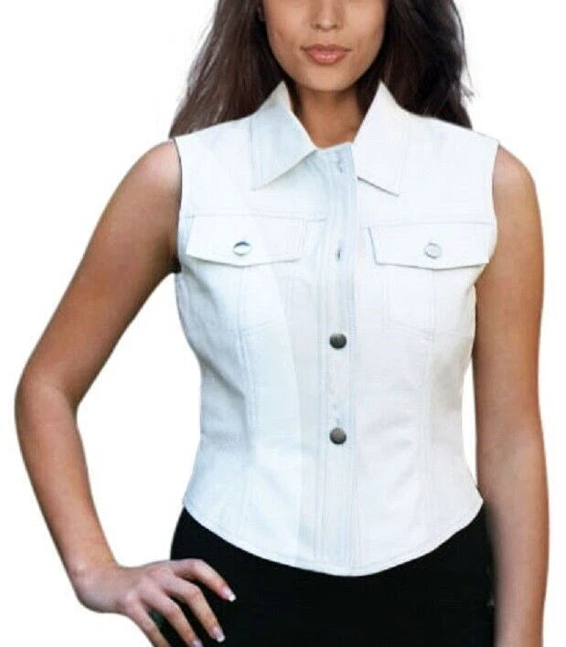 Women's White Leather Vest Coat - Premium Button-Front Shirt Waistcoat