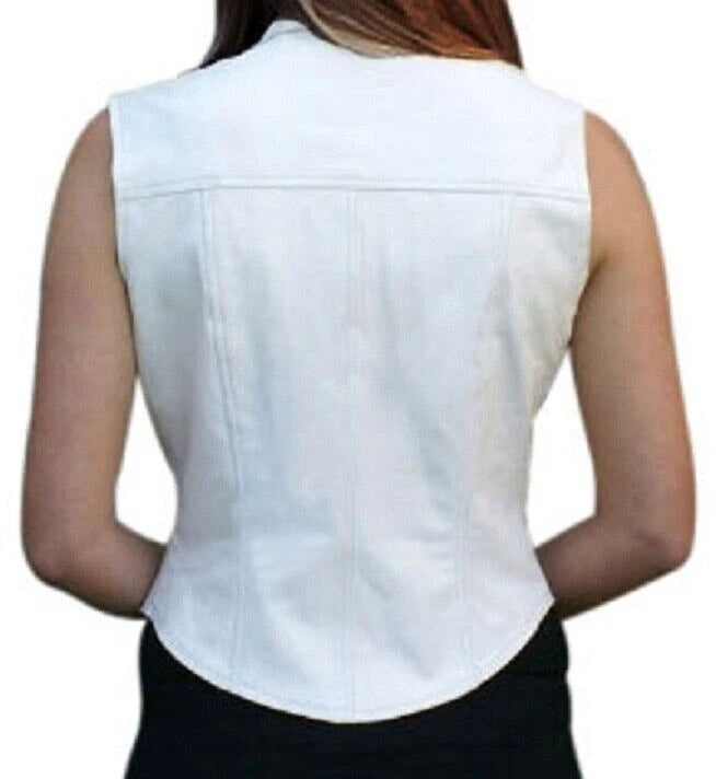 Women's White Leather Vest Coat - Premium Button-Front Shirt Waistcoat