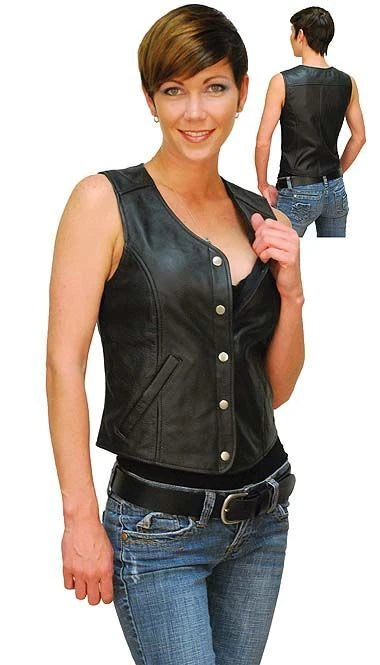 Women's Black Original Leather Snap-Front Vest - Premium Classic Waistcoat