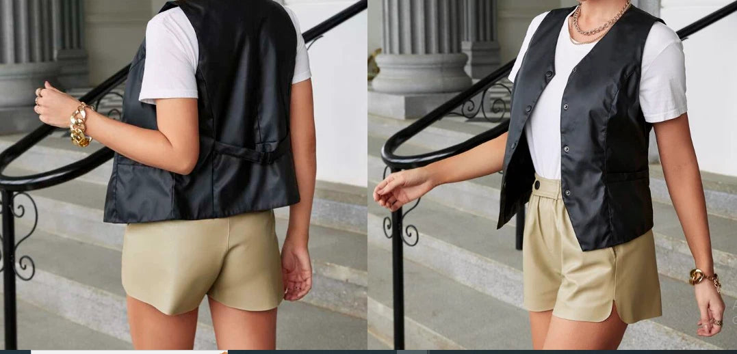 Women's Black Original Leather Button-Front Vest - Premium Tailored Waistcoat