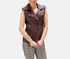 Women's Burgundy Original Leather Moto Vest - Premium Sleeveless Biker Jacket