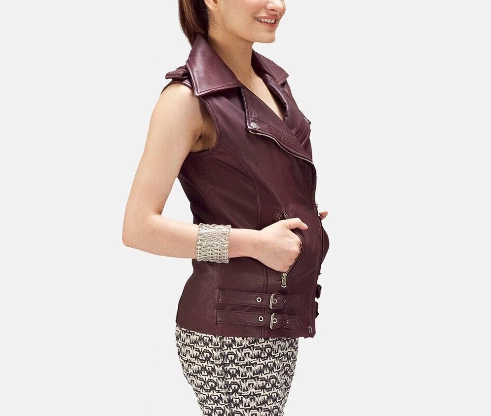 Women's Burgundy Original Leather Moto Vest - Premium Sleeveless Biker Jacket