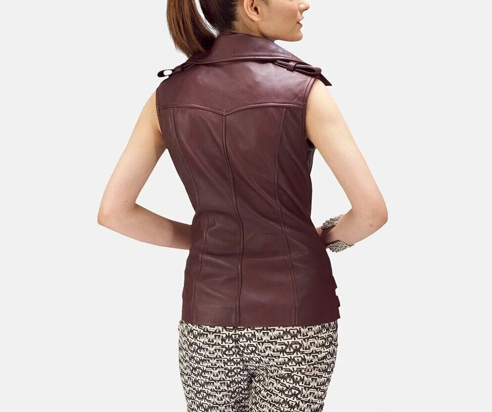 Women's Burgundy Original Leather Moto Vest - Premium Sleeveless Biker Jacket