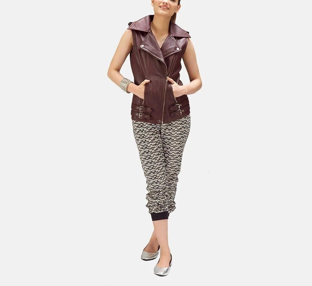 Women's Burgundy Original Leather Moto Vest - Premium Sleeveless Biker Jacket