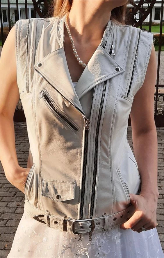 Women's Grey Original Leather Moto Vest with Belt - Premium Sleeveless Biker Jacket