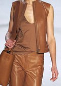Women's Tan Original Leather Zip-Front Vest - Premium Cognac Waistcoat