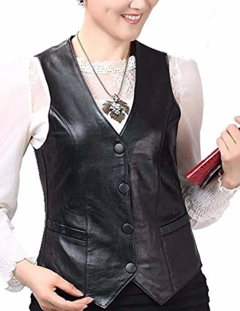 Women's Premium Black Original Leather Vest - Handcrafted Button-Front Waistcoat