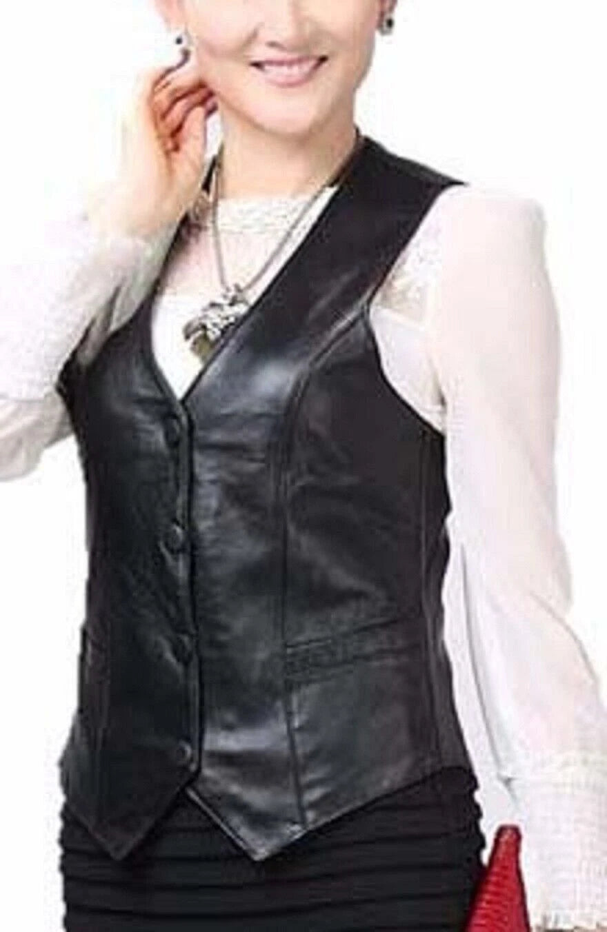 Women's Premium Black Original Leather Vest - Handcrafted Button-Front Waistcoat