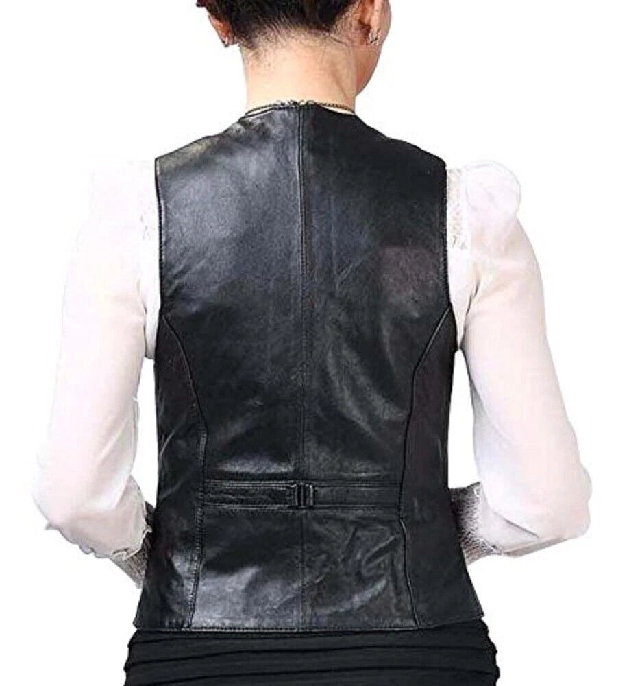Women's Premium Black Original Leather Vest - Handcrafted Button-Front Waistcoat