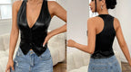 Women's Black Original Leather Halter Vest - Premium Button-Front Racerback Waistcoat