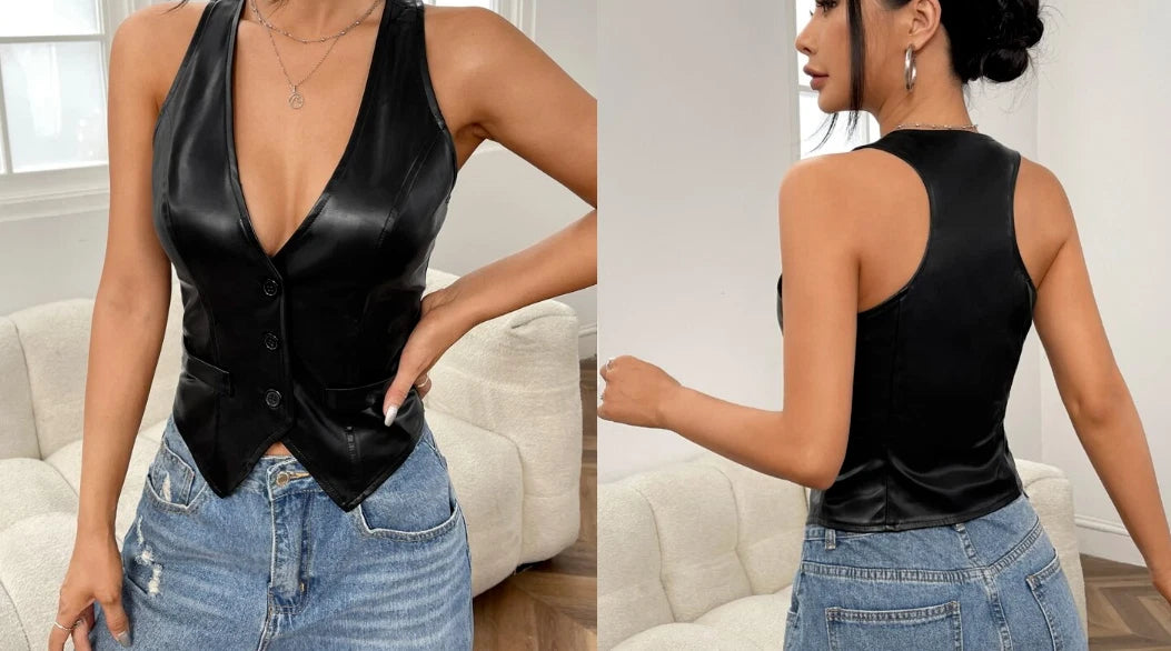 Women's Black Original Leather Halter Vest - Premium Button-Front Racerback Waistcoat