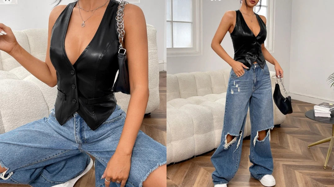 Women's Black Original Leather Halter Vest - Premium Button-Front Racerback Waistcoat