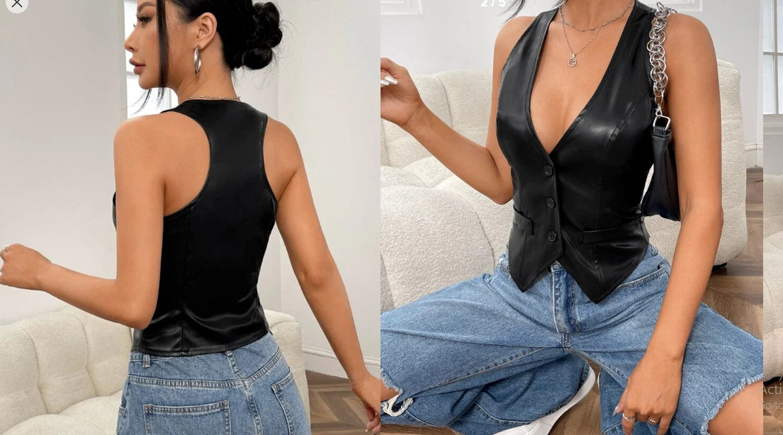 Women's Black Original Leather Halter Vest - Premium Button-Front Racerback Waistcoat