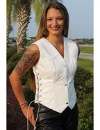 Women's White Original Leather Vest Coat - Premium Lace-Up Side Detail Waistcoat