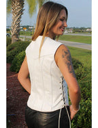 Women's White Original Leather Vest Coat - Premium Lace-Up Side Detail Waistcoat