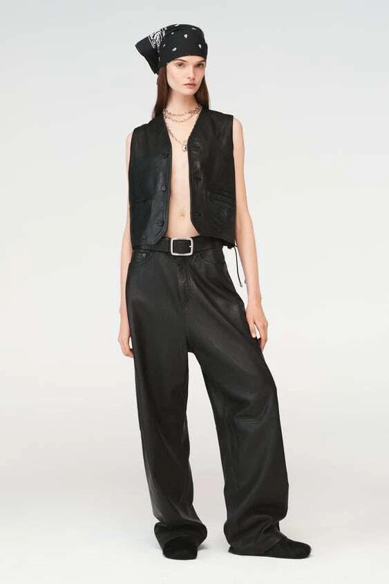 Women's Cropped Black Original Leather Vest - Premium Sleeveless Waistcoat