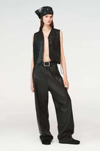 Women's Cropped Black Original Leather Vest - Premium Sleeveless Waistcoat