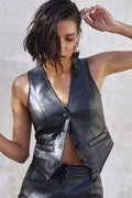 Women's Black Original Leather Vest Coat with Belt - Premium Tailored Waistcoat