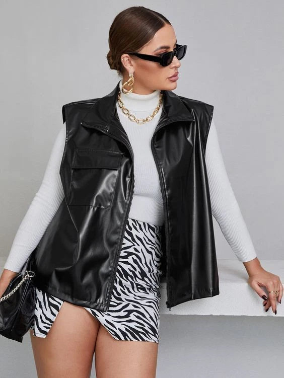 Women's Black Original Leather Vest Coat - Premium Structured Shoulder Utility Waistcoat