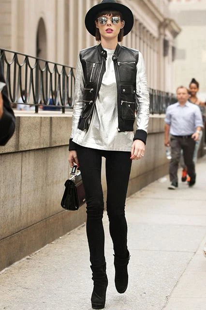 Women's Black Original Leather Vest Coat with Metallic Sleeves - Premium Moto-Style Jacket