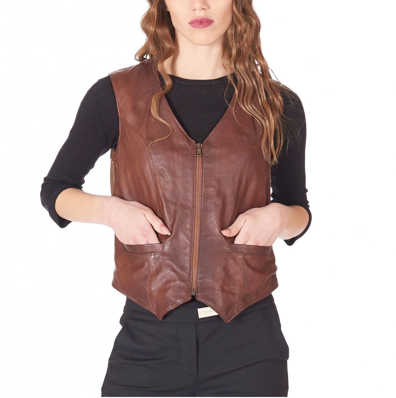Women's Brown Original Leather Vest Coat - Premium Zip-Front Waistcoat with Pockets