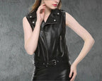 Women's Black Original Leather Moto Vest Coat - Premium Biker-Style Waistcoat with Belt