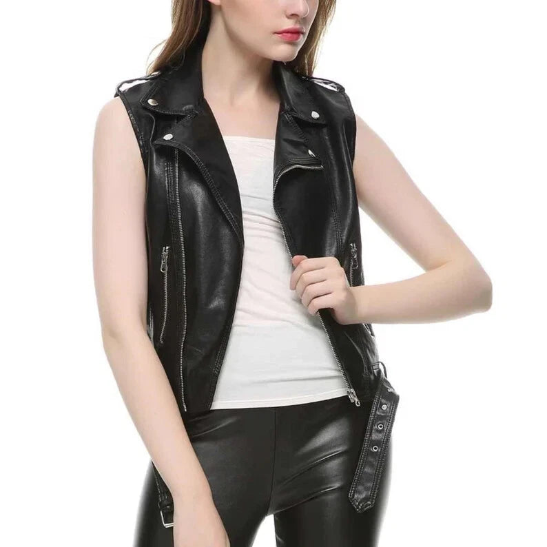 Women's Black Original Leather Moto Vest Coat - Premium Biker-Style Waistcoat with Belt
